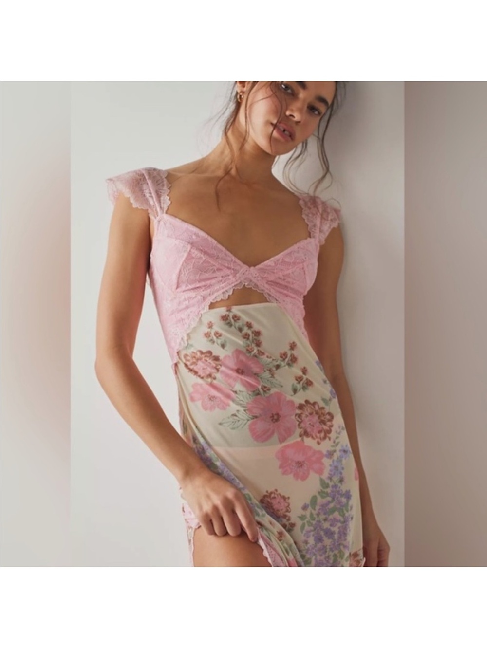 Free People Suddenly Fine Pink Floral Lace Slip Dress